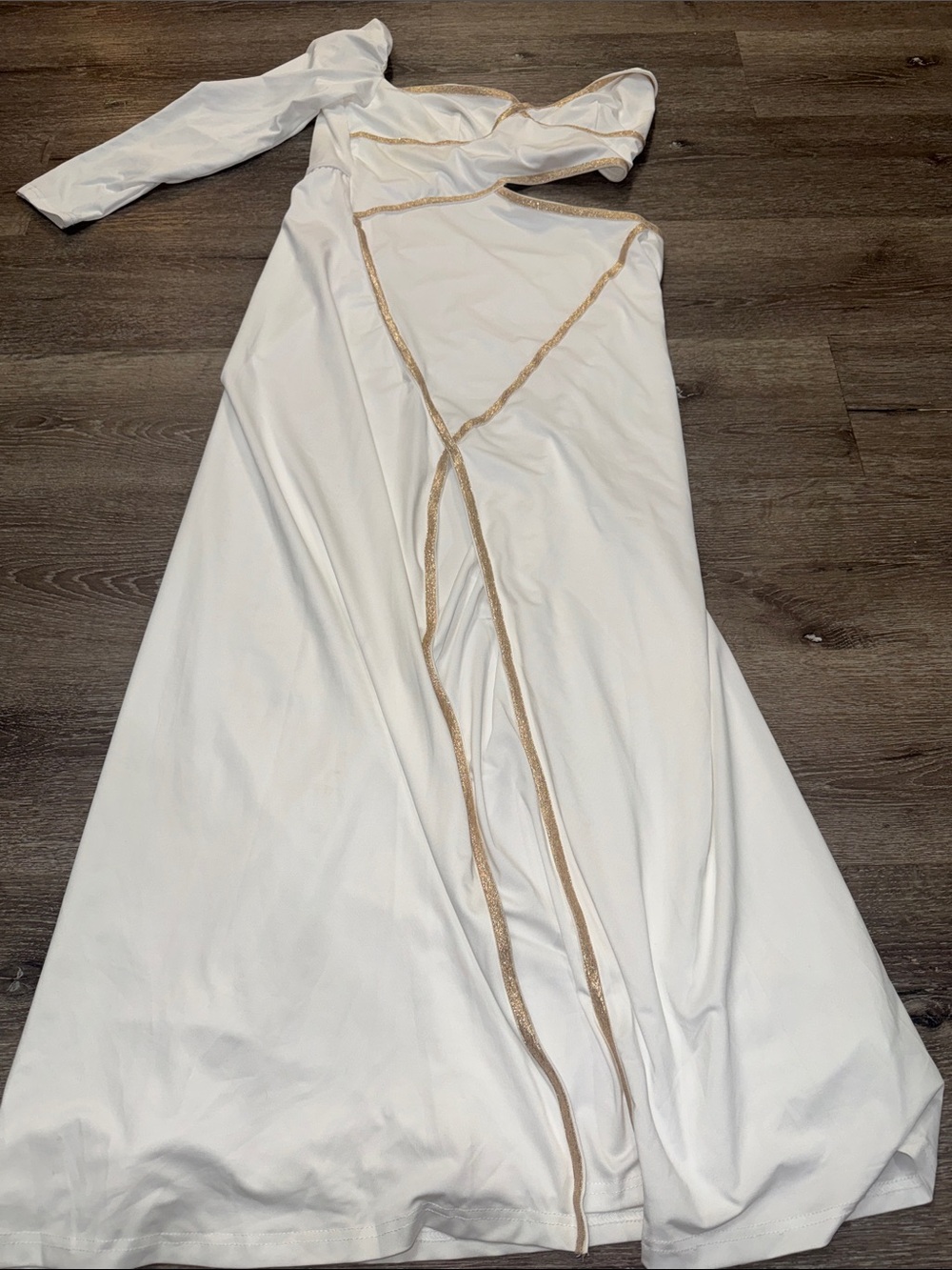 White One-Shoulder Maxi Dress with Gold Trim
